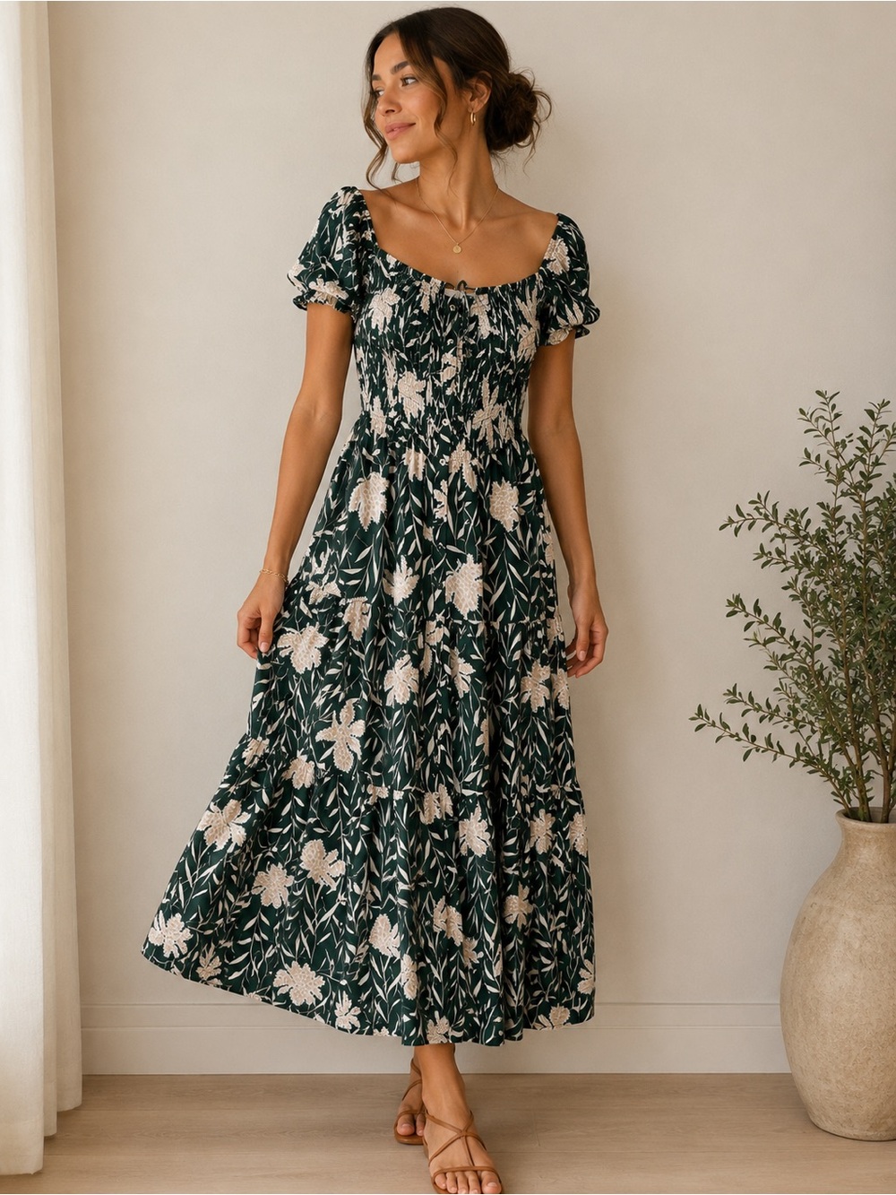 Baltic Born Becca smocked maxi dress dark green floral print size S